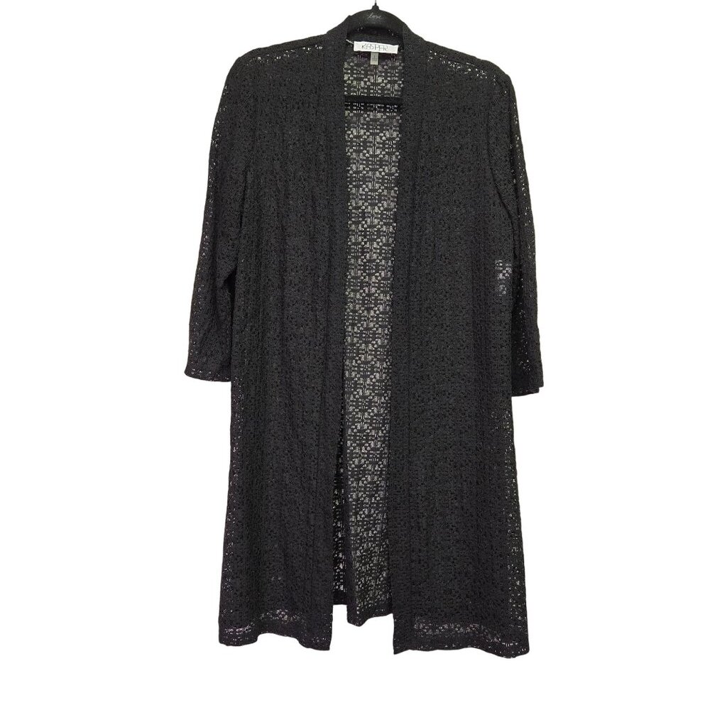 Kasper Womens Open-Front Black Crochet Cardigan Lightweight Long Sleeve S‎